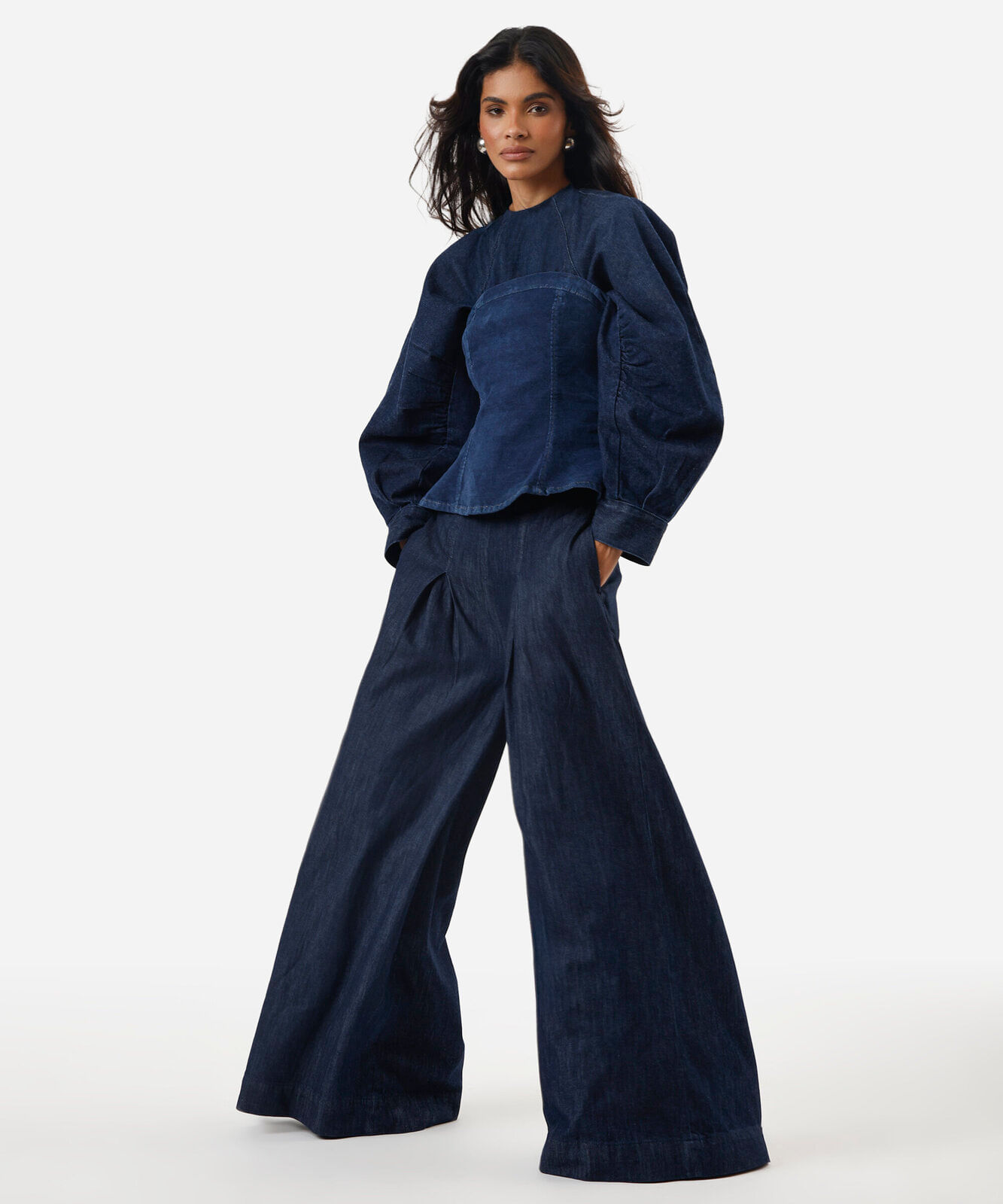 calça ultra wide leg feminina jeans com pregas azul