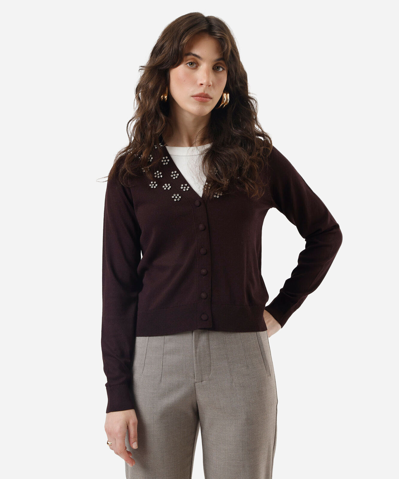 cardigan feminino de tricot com brilhos marrom