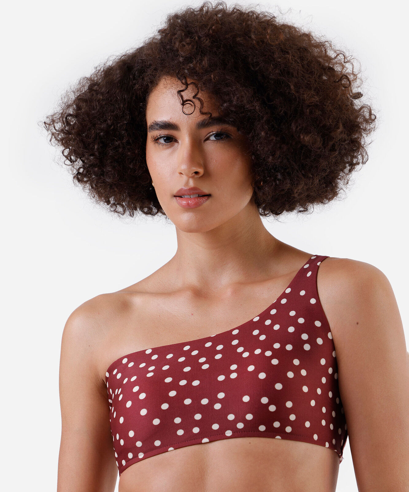 biquíni top ombro único feminino poá vinho