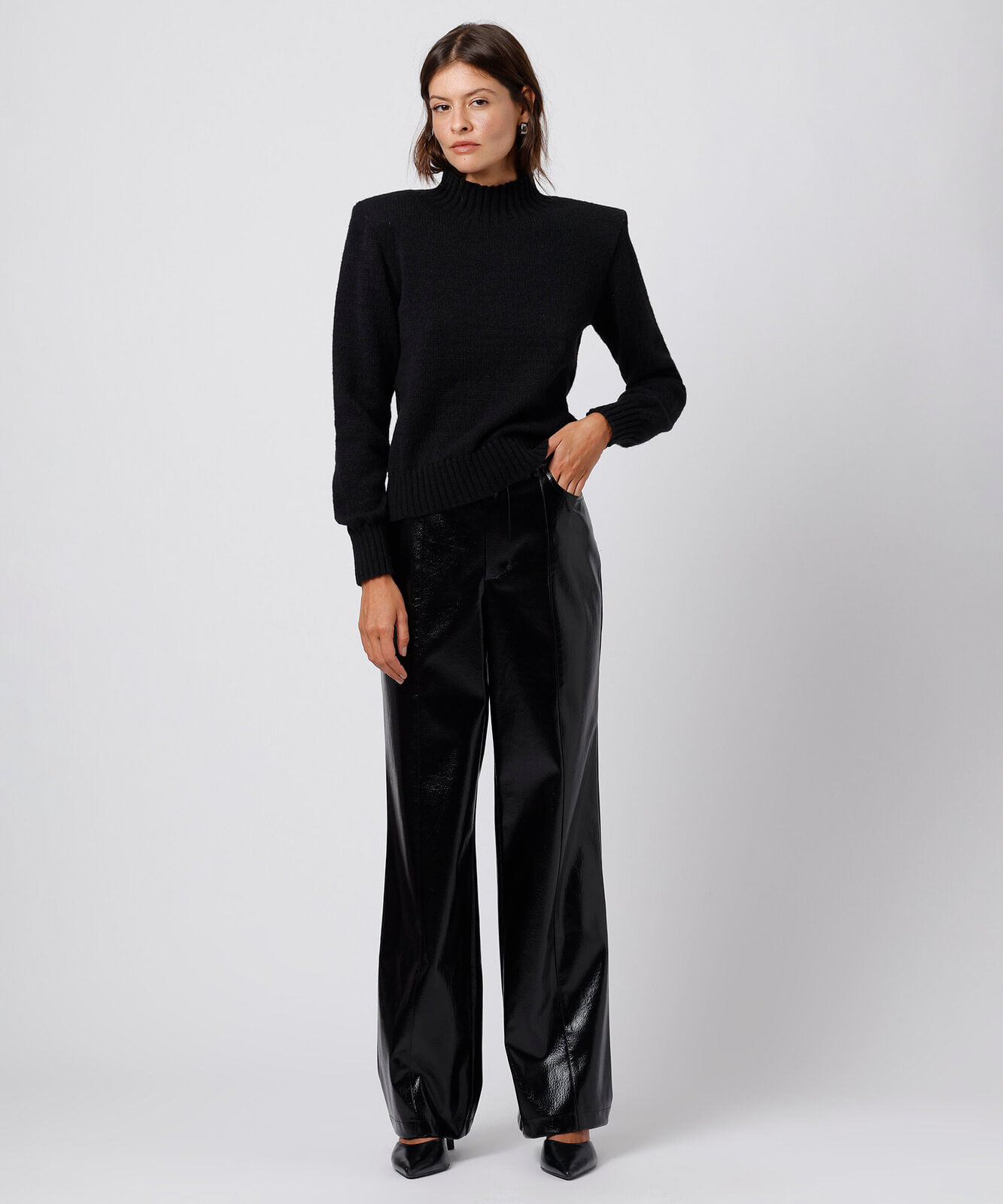 calça reta de feminina poliuretano texturizada mindset preta