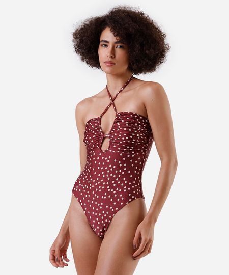 maiô halterneck feminino com recorte e franzido poá vinho G