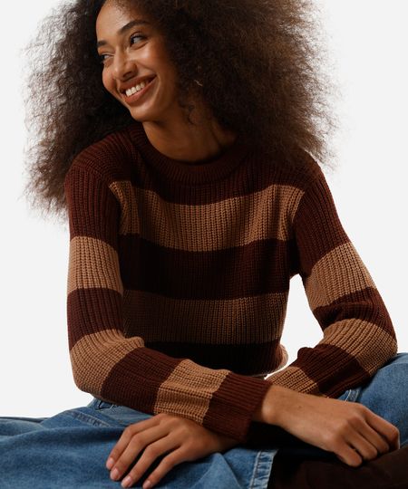 suéter feminino de tricot listrado marrom P