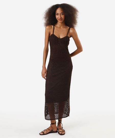 vestido midi feminino de tricot texturizado marrom GG