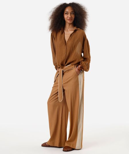 calça pantalona feminina com linho e faixa marrom 42