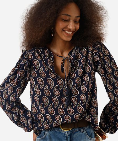 bata feminina de viscose com babados paisley azul P bata feminina de viscose com babados paisley azul P