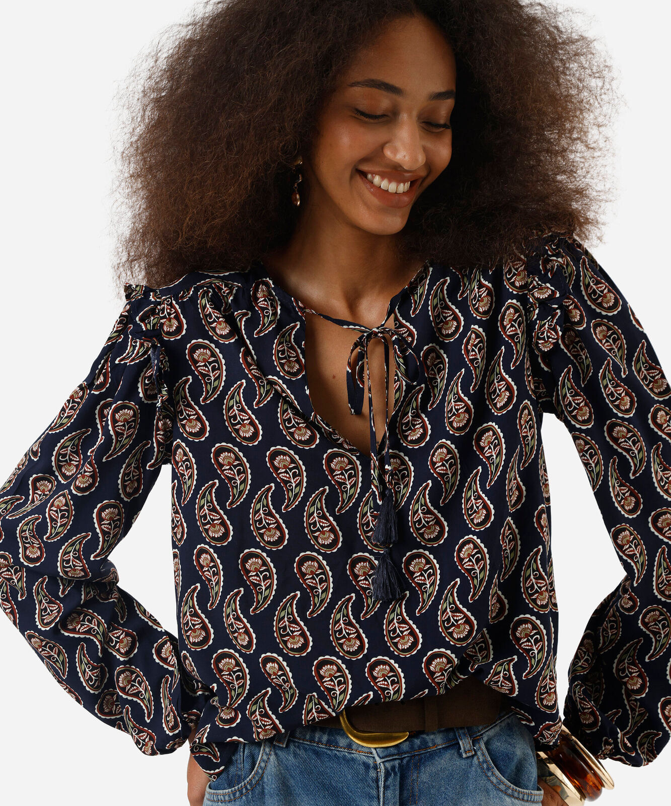 bata feminina de viscose com babados paisley azul