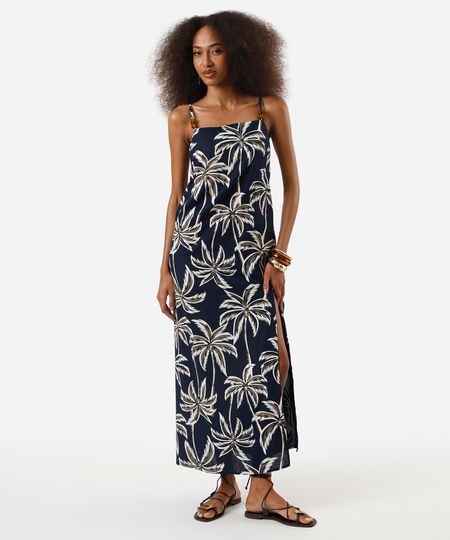 vestido feminino com linho jardim das palmeiras azul PP