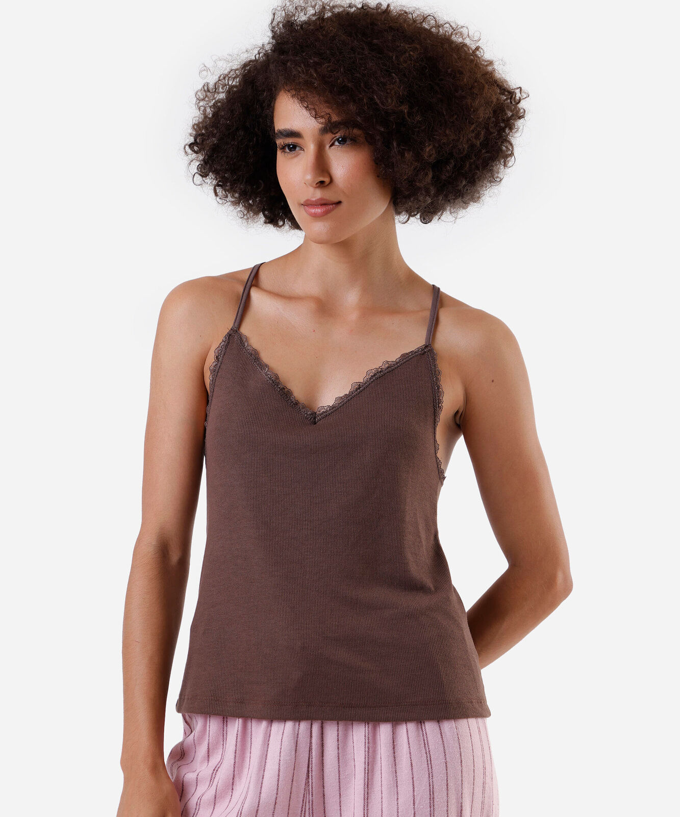 regata de pijama avulsa feminina com renda marrom