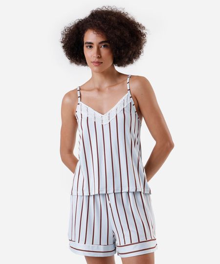 pijama short doll feminino com renda listrado azul PP pijama short doll feminino com renda listrado azul PP