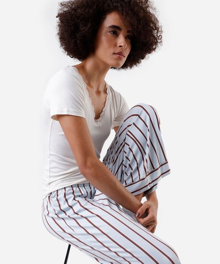 pijama longo feminino com renda listrado azul M pijama longo feminino com renda listrado azul M