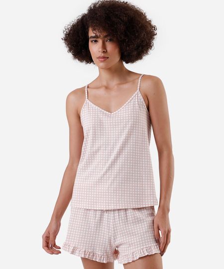 pijama short doll feminino de algodão xadrez rosa PP