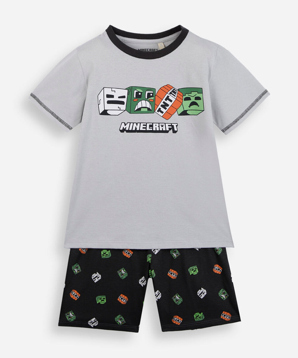 pijama curto infantil minecraft cinza