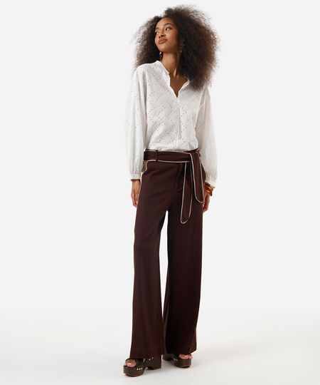 calça pantalona feminina com linho e faixa marrom 34