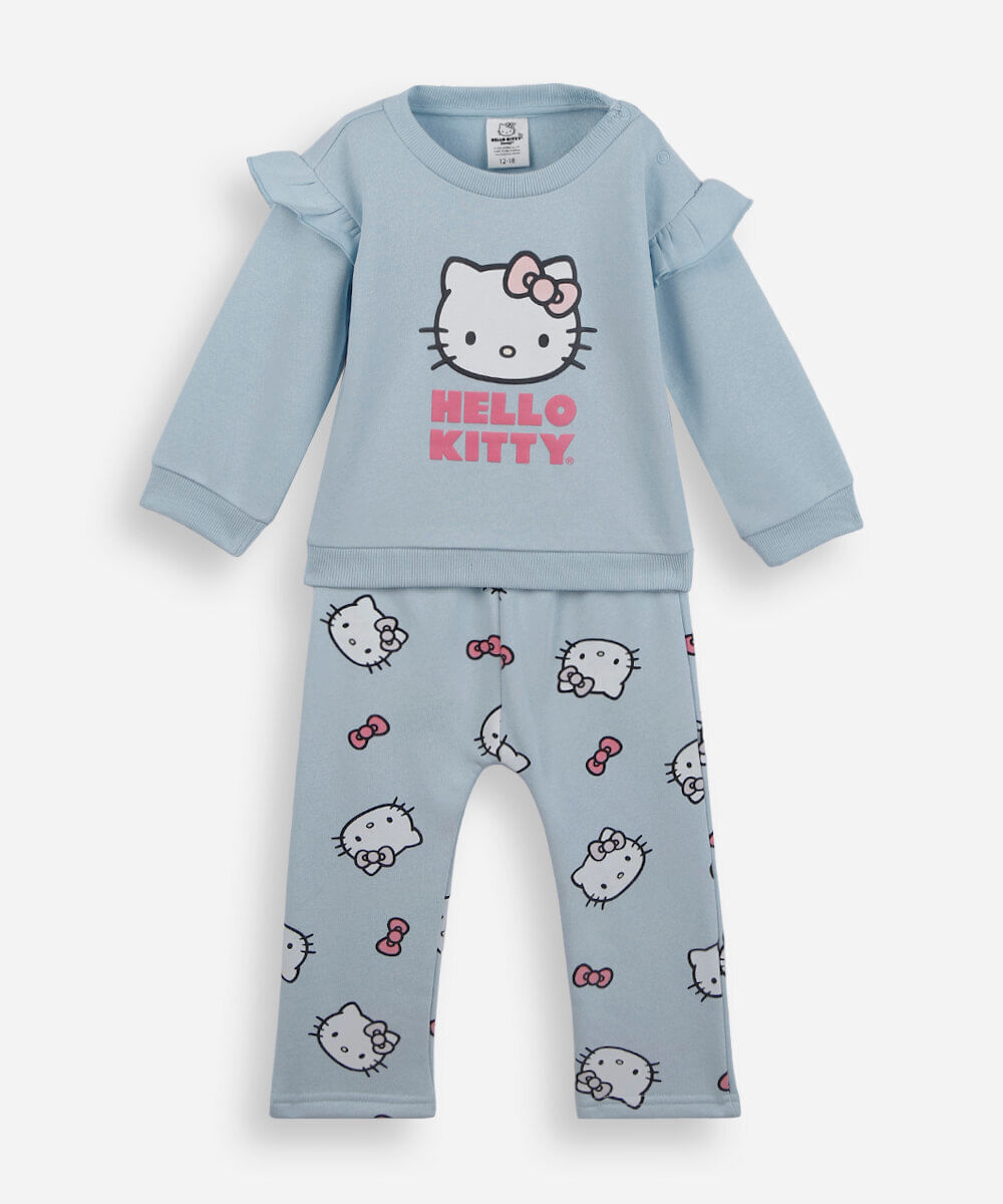 conjunto longo infantil de moletom hello kitty azul