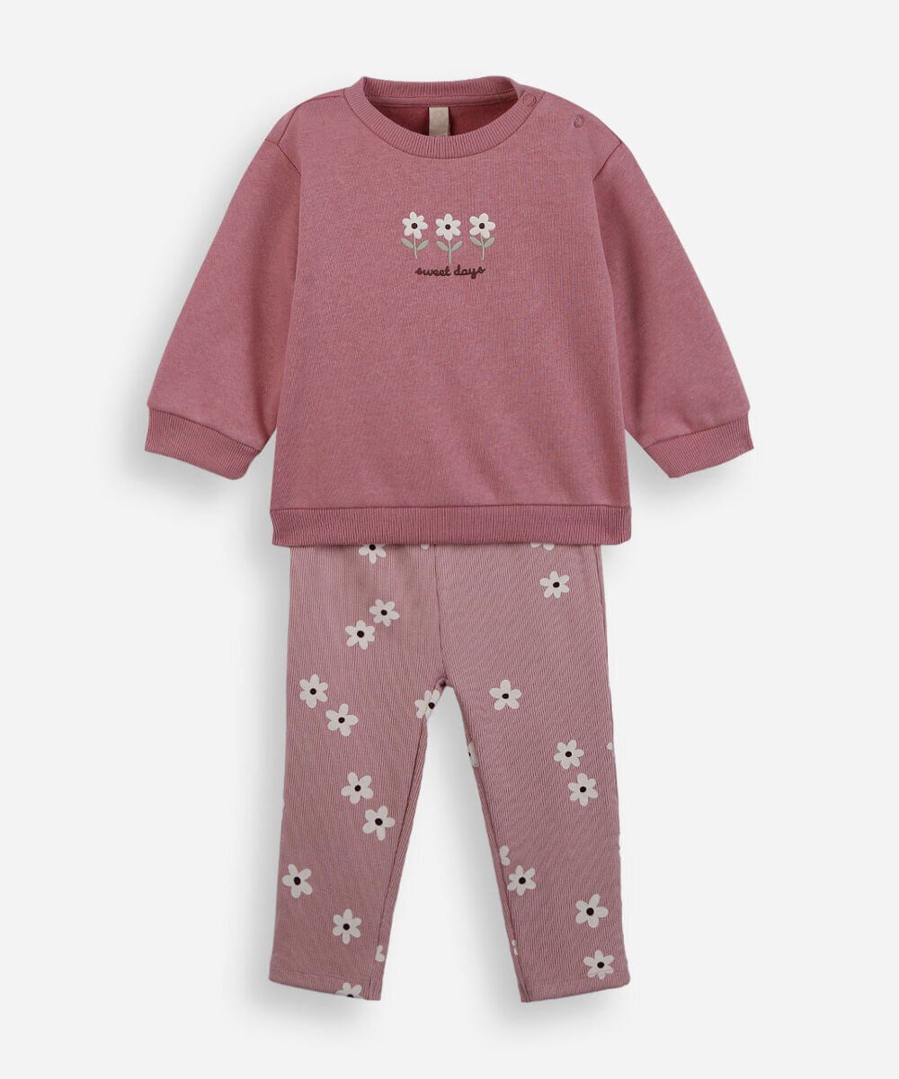 conjunto longo infantil de moletom sweet days floral rosa