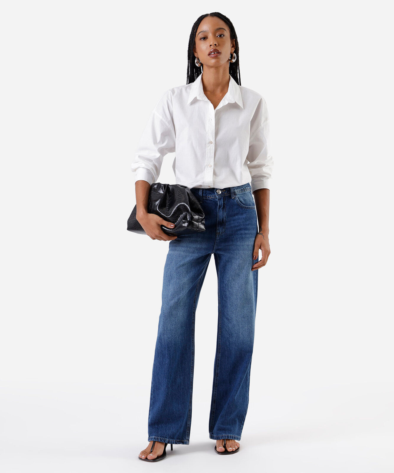 calça wide leg slim feminina jeans cintura alta azul