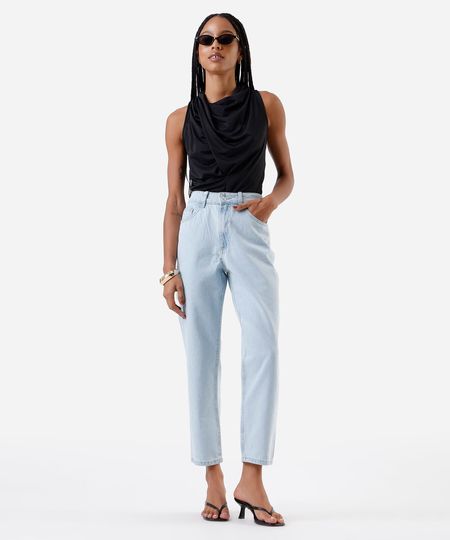 calça mom feminina jeans cintura alta azul 36