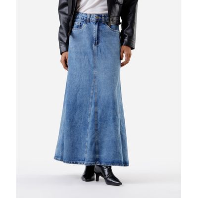 saia longa feminina jeans com recorte cintura alta azul