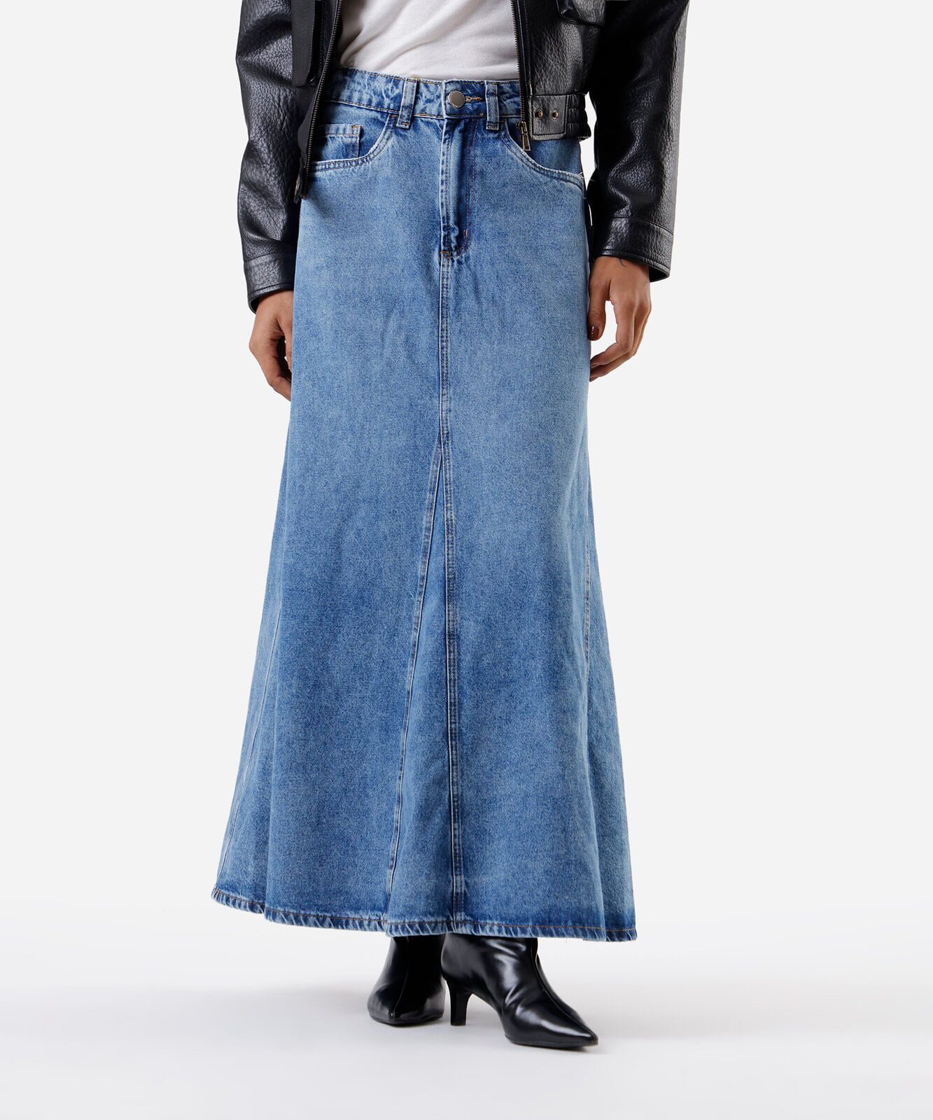 saia longa feminina jeans com recorte cintura alta azul