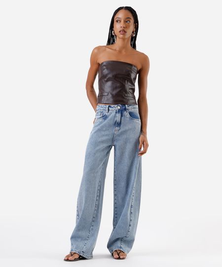 calça barrel feminina jeans com recorte sawary azul 40