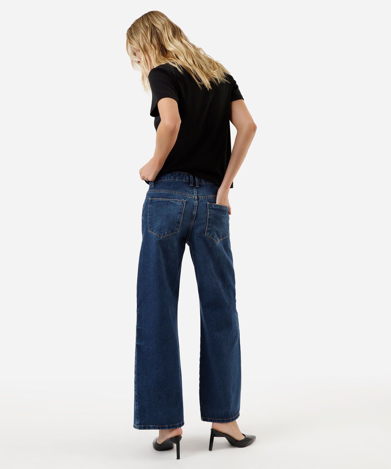 calça wide leg feminina jeans cintura baixa azul