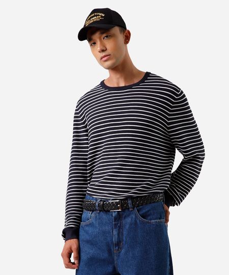 camiseta masculina de tricot manga longa listrada azul P camiseta masculina de tricot manga longa listrada azul P