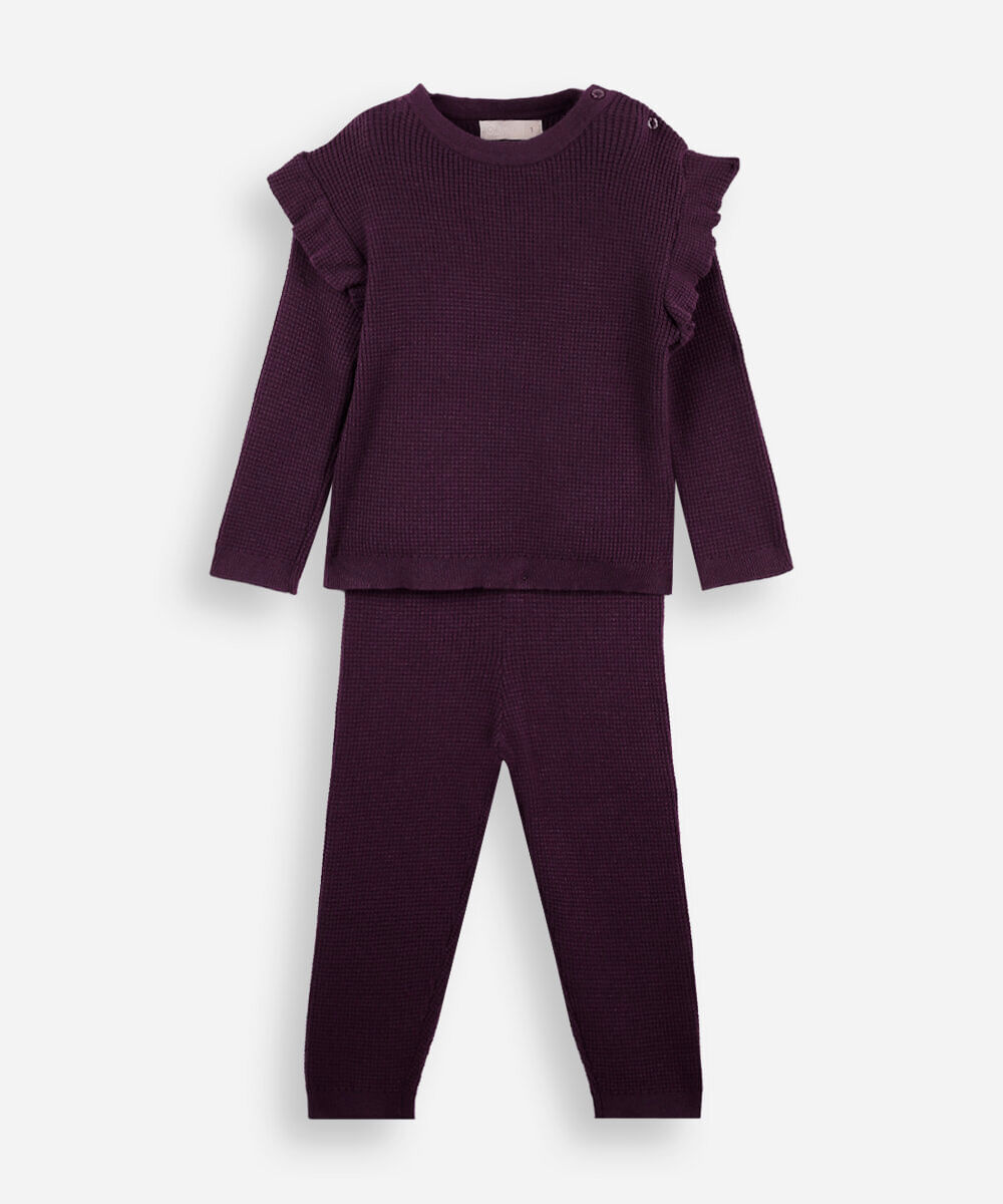 conjunto longo infantil com babado texturizado vinho