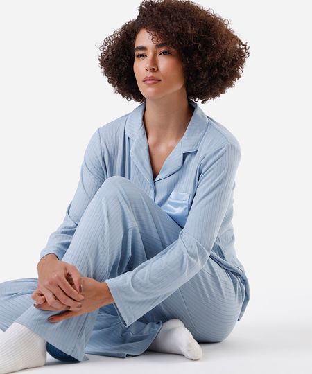 pijama americano feminino canelado azul GG pijama americano feminino canelado azul GG