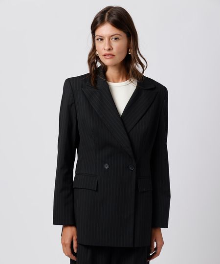 blazer de alfaiataria feminino acinturado risca de giz mindset preto GG