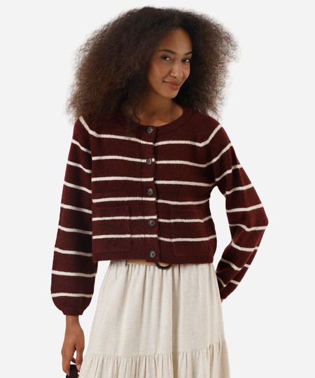 cardigan feminino de tricot com bolsos listrado vinho PP