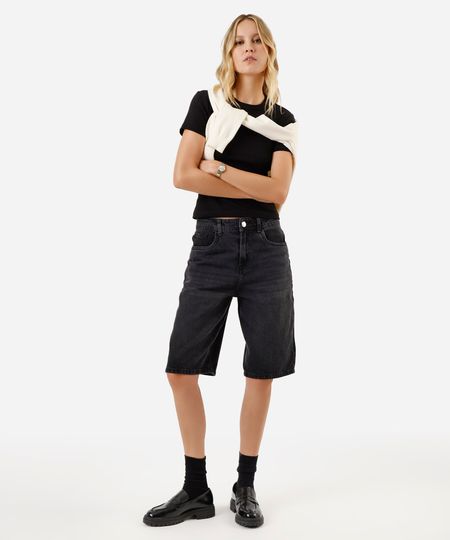 bermuda jorts feminina jeans cintura alta preta 46 bermuda jorts feminina jeans cintura alta preta 46