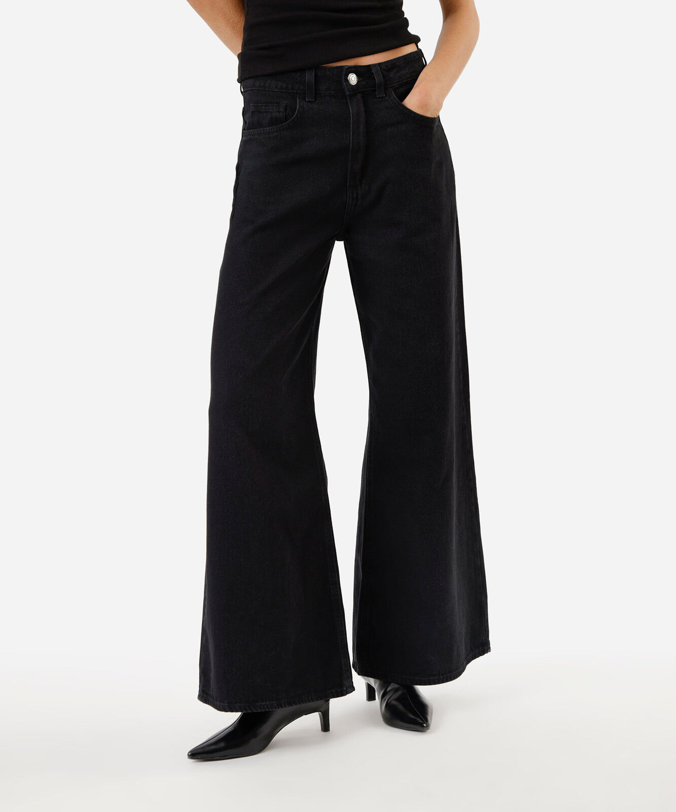 calça jeans wide leg cintura super alta preta