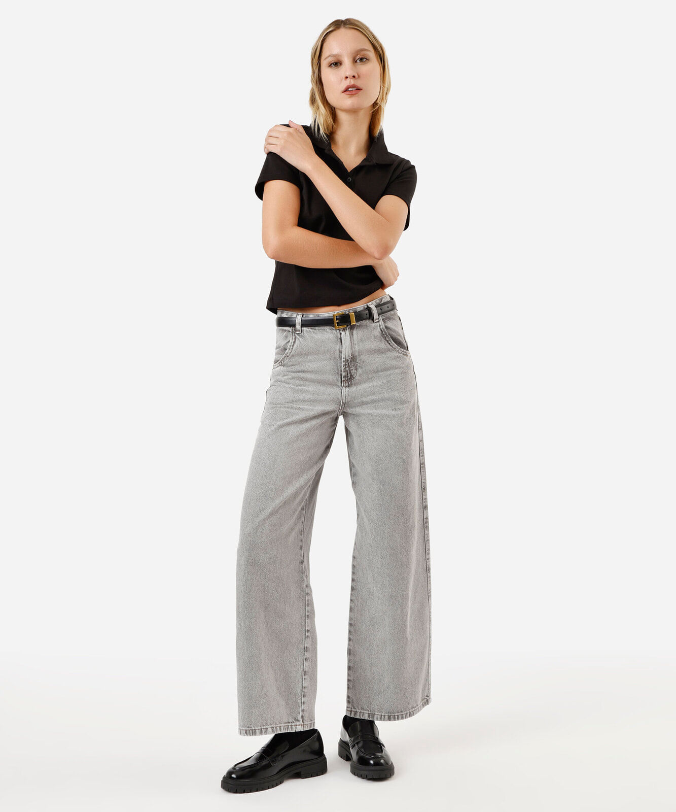 calça jeans skater cintura média - cinza