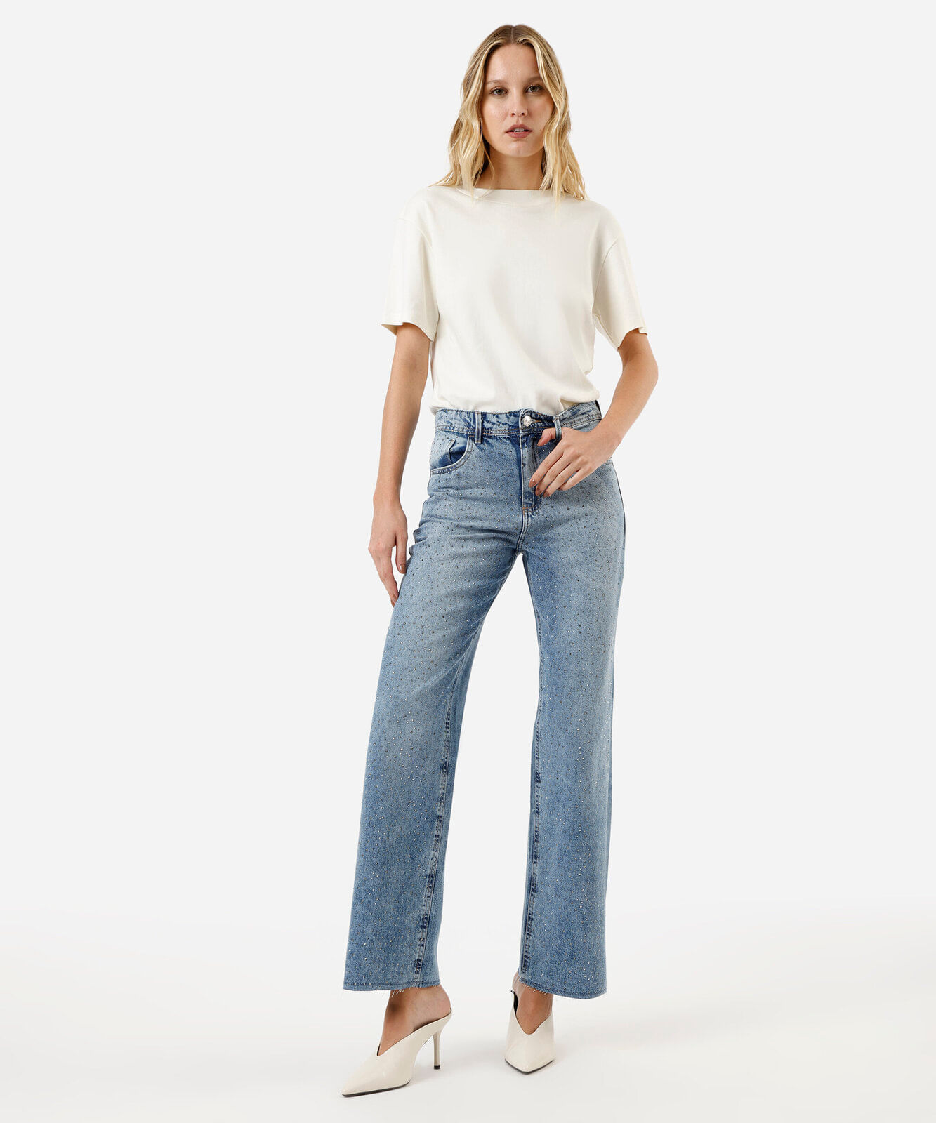 calça jeans wide leg slim com brilho cintura super alta azul
