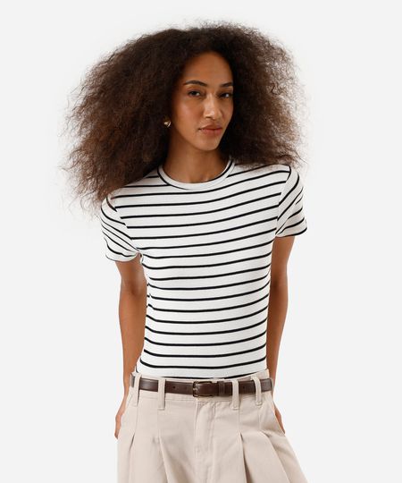 blusa baby look feminina com algodão canelada listrada básica off white M blusa baby look feminina com algodão canelada listrada básica off white M