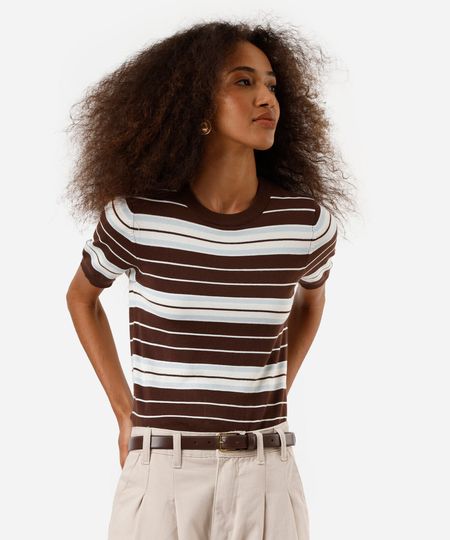 blusa feminina de tricot listrada marrom P blusa feminina de tricot listrada marrom P