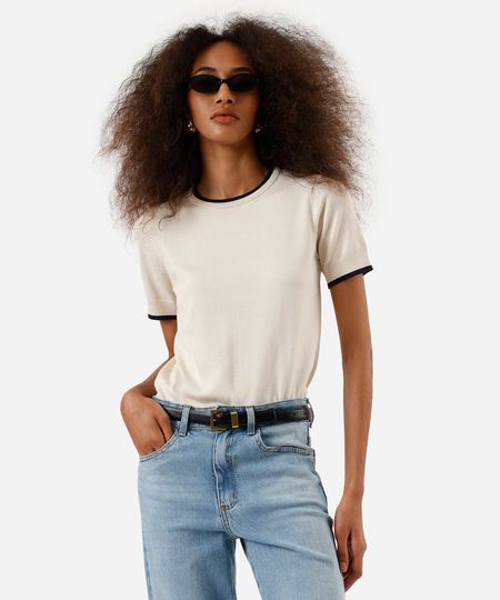 blusa manga curta regular friso contrastante bege PP
