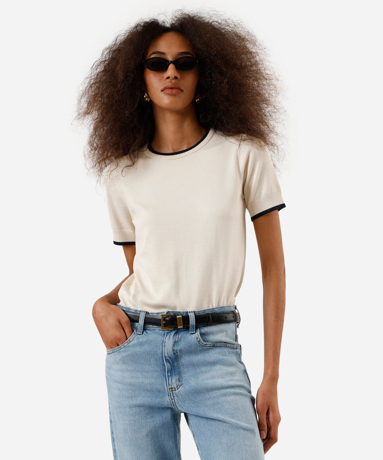 blusa manga curta regular friso contrastante bege