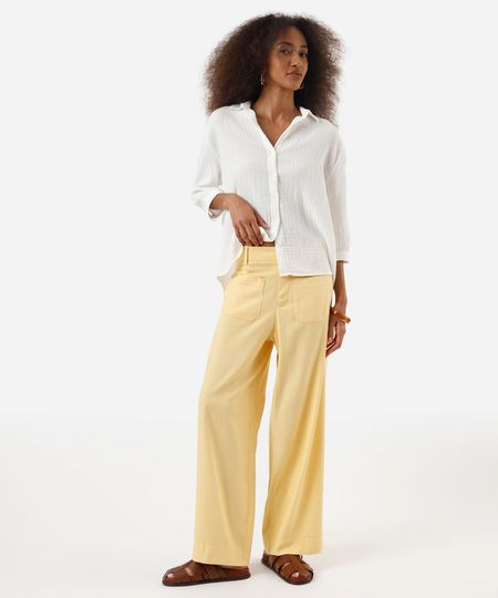 calça feminina wide cropped com bolso frontal amarela 36