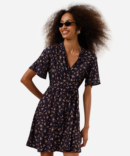 vestido curto feminino de viscose decote v floral azul GG vestido curto feminino de viscose decote v floral azul GG