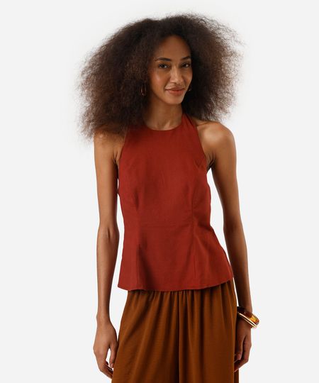 blusa peplum feminina frente única com linho marrom M blusa peplum feminina frente única com linho marrom M