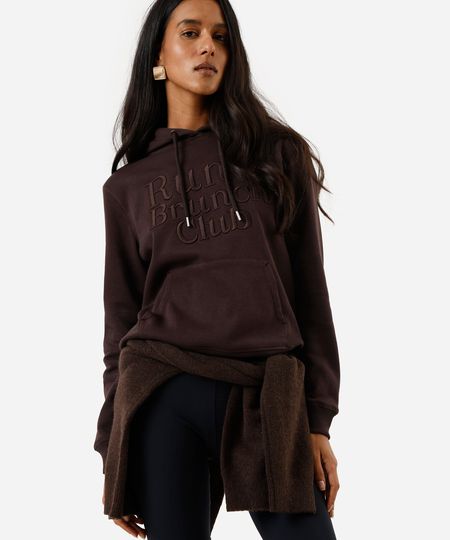 blusão básico feminino de moletom com capuz e bordado marrom P