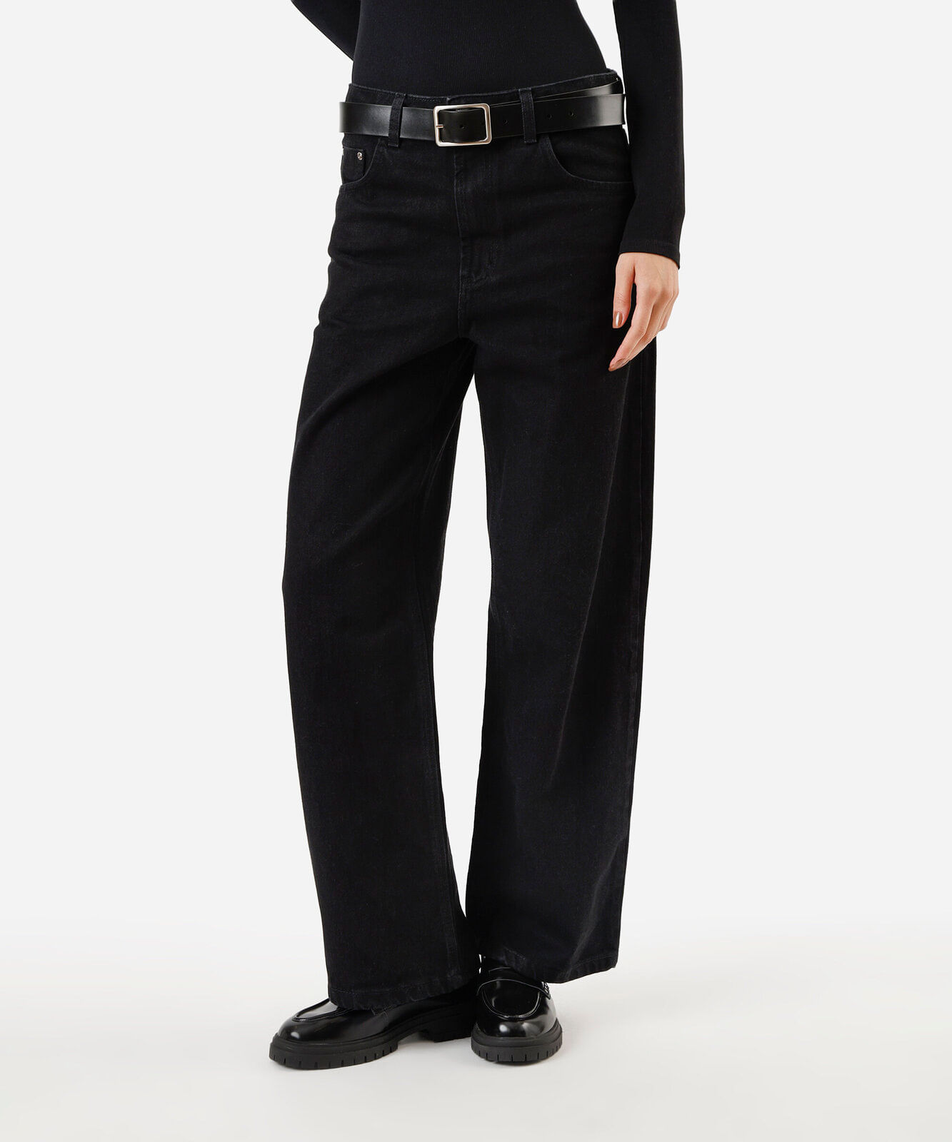 calça wide leg feminina jeans cintura média preta