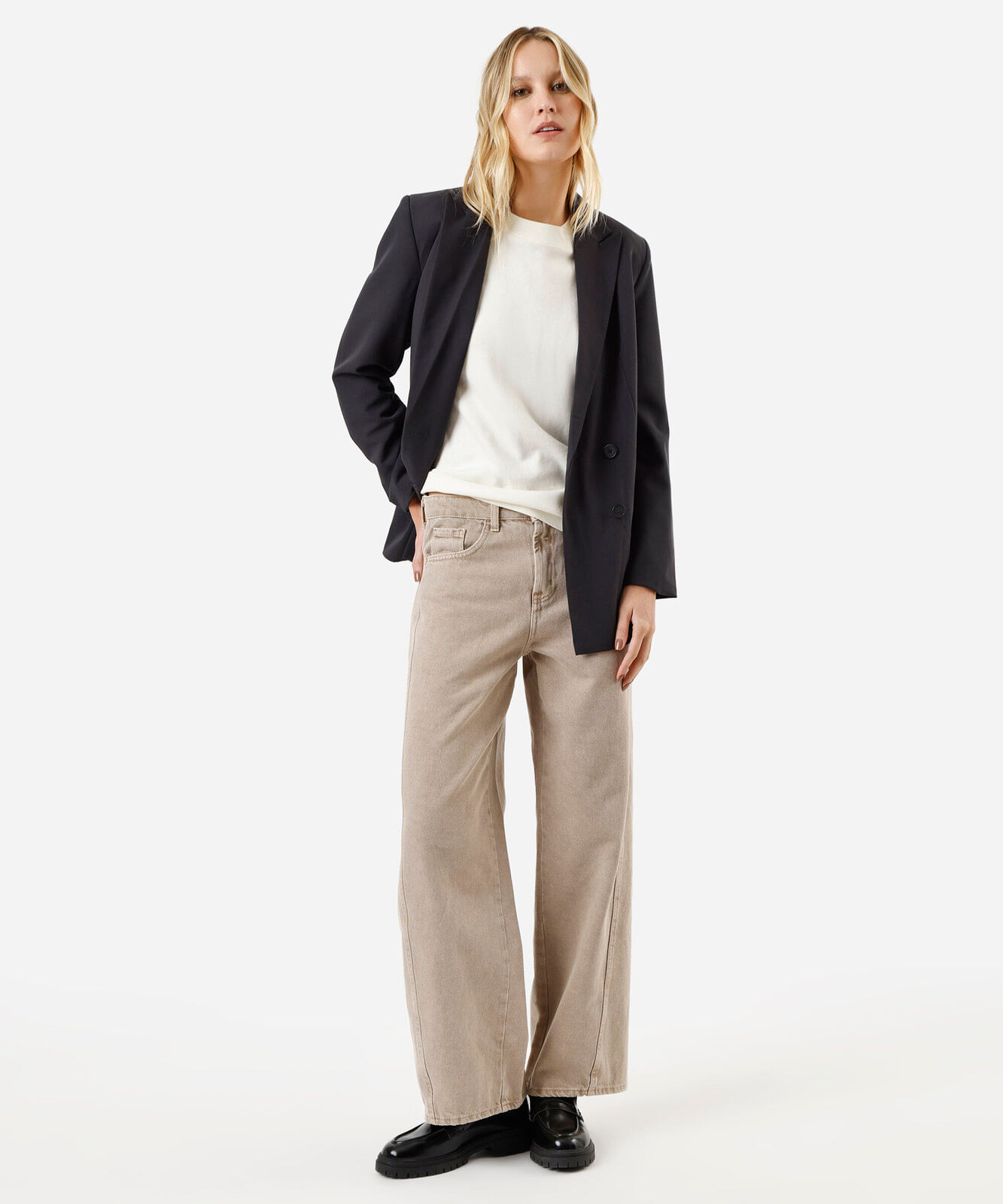 calça oversized feminina de sarja cintura média bege