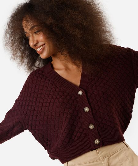 cardigan feminino de tricot texturizado vinho P cardigan feminino de tricot texturizado vinho P
