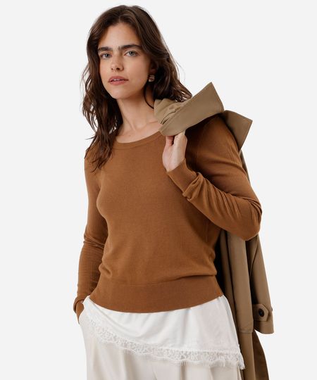 suéter de tricô básico decote redondo marrom PP