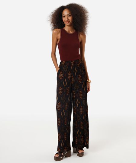 calça wide leg feminina étnica texturizada preta M