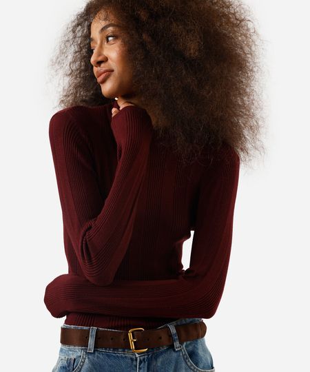 suéter básico feminino de tricot canelado vinho P