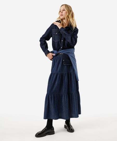 saia midi feminina jeans com recortes cós elástico azul 48 saia midi feminina jeans com recortes cós elástico azul 48