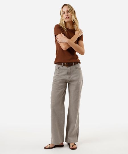 calça wide leg slim feminina jeans cintura alta bege 36 calça wide leg slim feminina jeans cintura alta bege 36